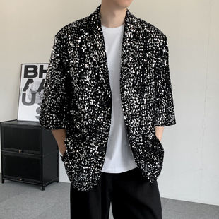 闪闪亮珠片亮面夜店舞台装男大码演出服七分袖西装夜店歌手外套
