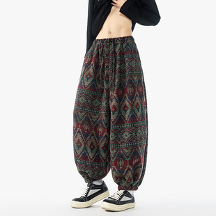 宽松哈伦裤 大码 新中式 复古裤 民族风印花灯笼裤 子束脚萝卜裤 男秋季