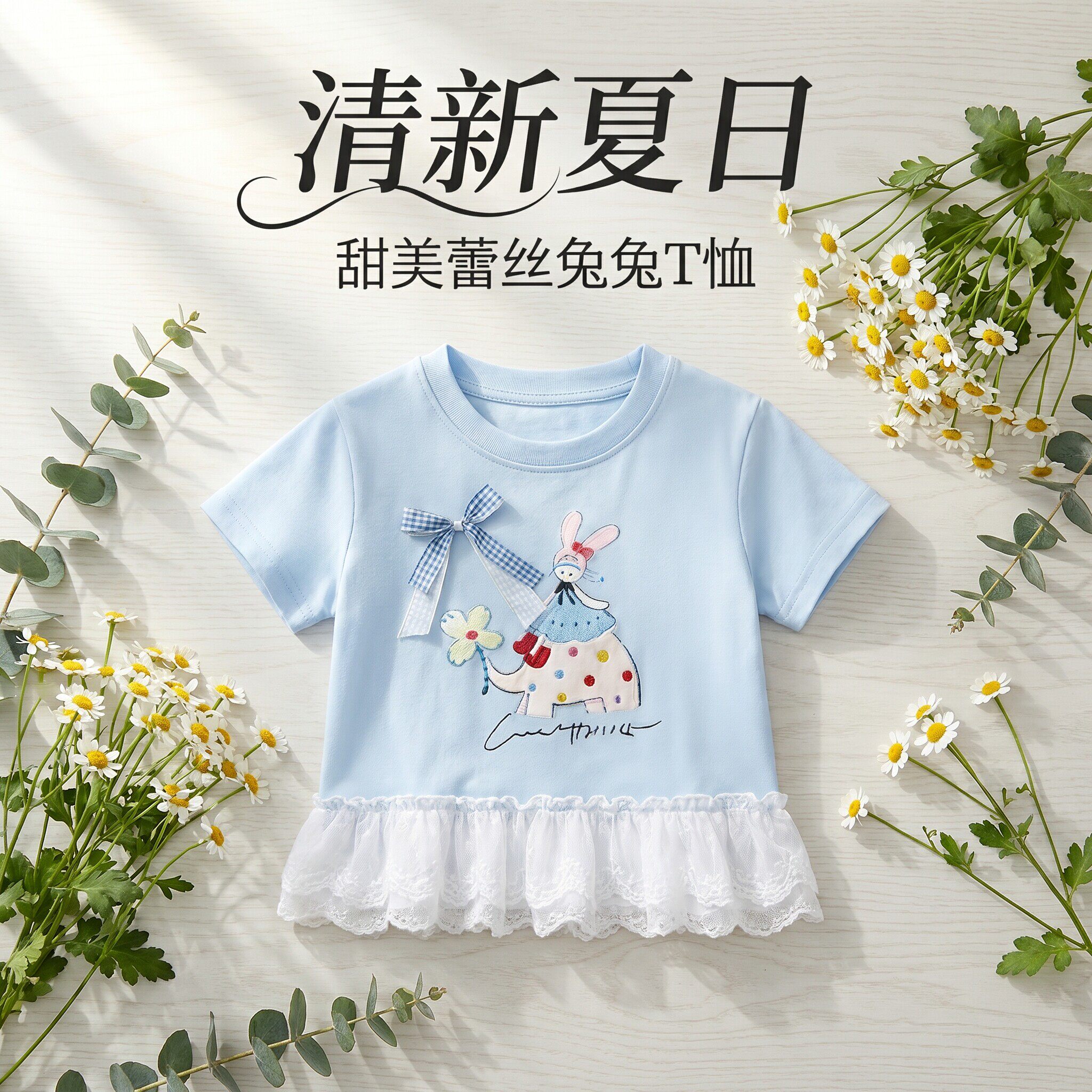 女童2026夏季薄款洋气时髦儿童宝宝百搭蝴蝶结蕾丝花边短袖t恤
