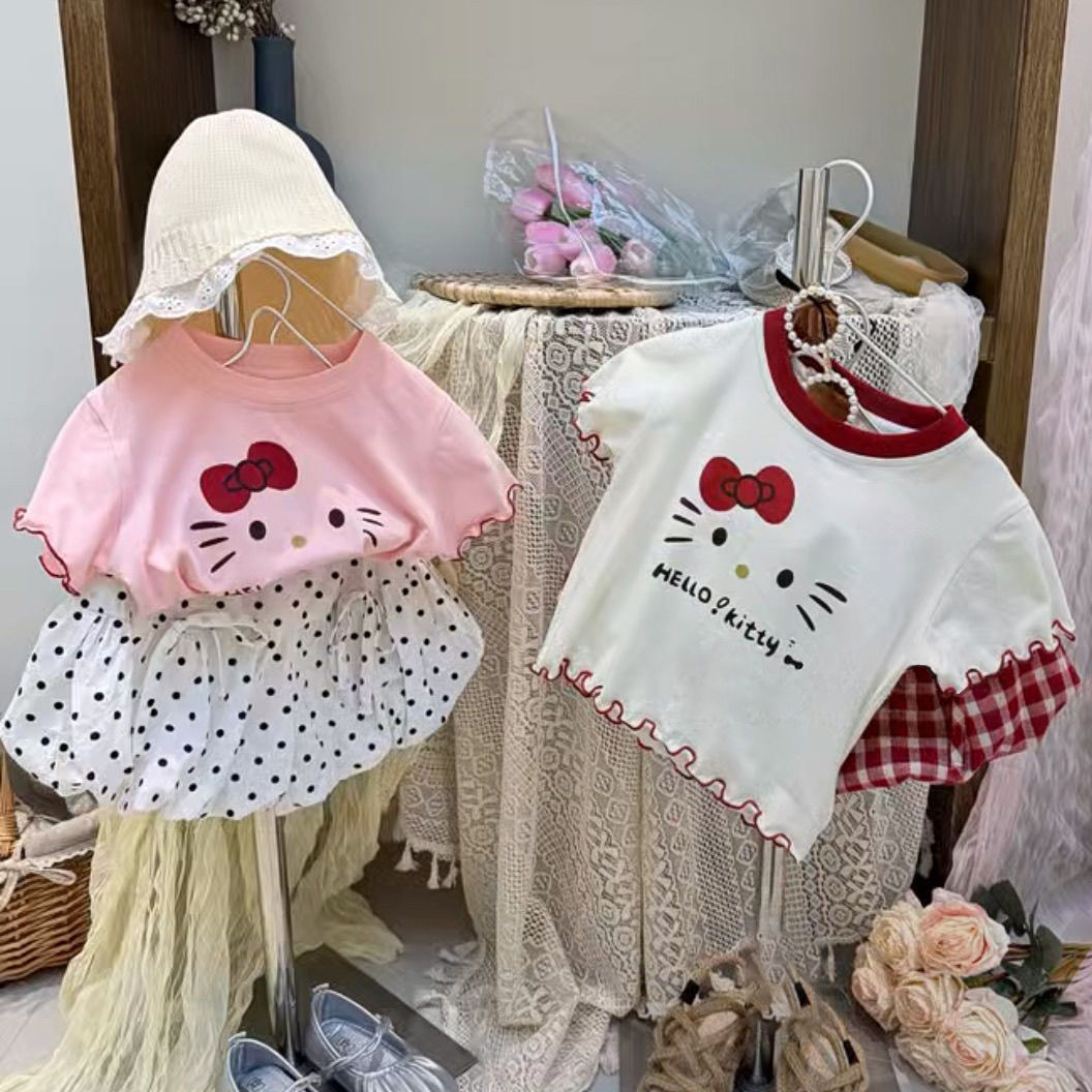 韩系女童KT猫木耳边短袖T恤图片
