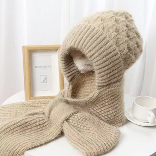 秋冬新款加绒加厚风雪帽围巾帽子两用一体帽松鼠绒网红款风雪帽