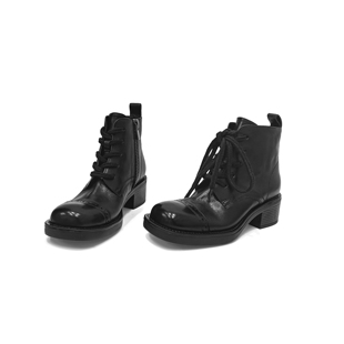 短靴女方头百搭水洗马皮马丁靴中跟短筒裸靴女圆头