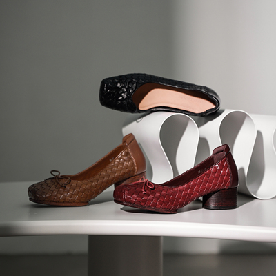 玛丽珍交叉带中跟单鞋猪鼻子法式复古编织马皮粗跟芭蕾舞鞋