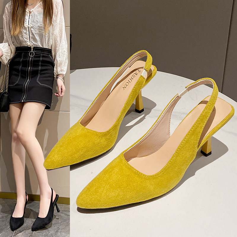 35-45大码女鞋43法式包头凉鞋女44绒面细跟拖鞋夏配裙子高跟鞋42