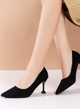 33-43大码高跟鞋女3-5-7cm新款黑色猫跟学生礼仪尖头职业鞋41-42