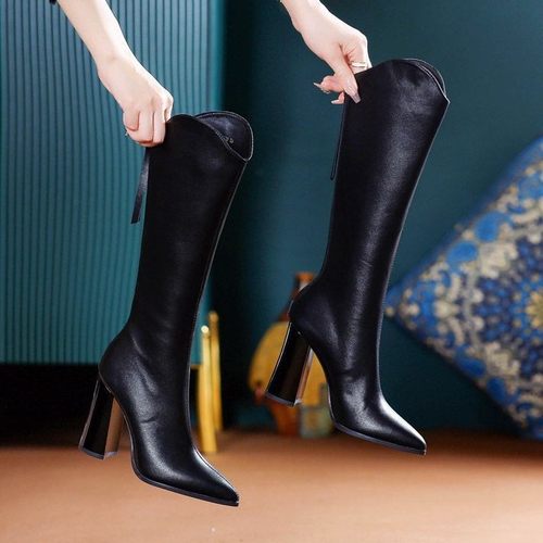 34-43码 大码女鞋41网红骑士靴42性感尖头高跟马丁靴不过膝长靴女