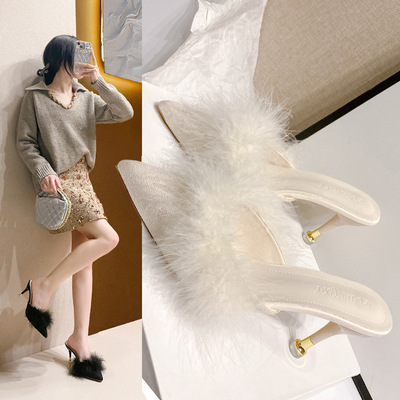 36-45码 大码女鞋44时尚毛毛包头半拖女43百搭性感酒杯跟高跟拖41