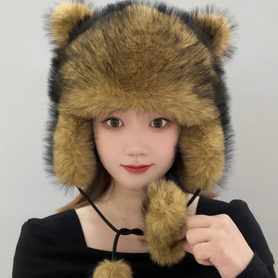 超萌小浣熊帽子女冬季护耳帽新款美洲仿貉子毛成人猫耳朵小狐狸帽