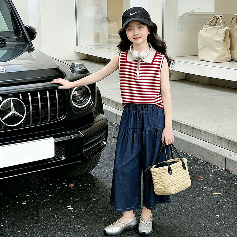 女童POLO衫套装夏季2026新款儿童休闲夏装女孩牛仔阔腿裤两件套潮