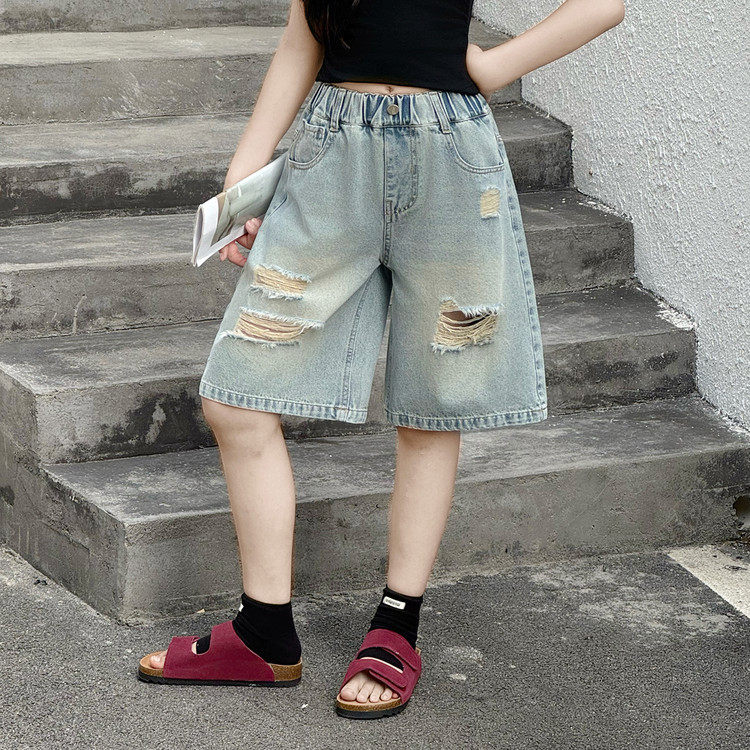 2026新款夏季韩版儿童裤子薄款牛仔裤女童洋气短裤破洞五分裤中裤