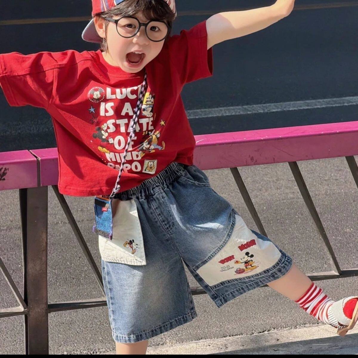 男童韩系套装2026夏季新款儿童米奇印花短袖宽松牛仔五分裤童装