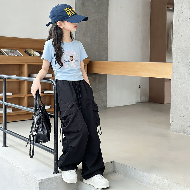 女童短袖套装夏季2026新款中大童洋气t恤工装裤运动两件套