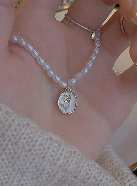 仿珍珠锆石女玫瑰花项链法式复古