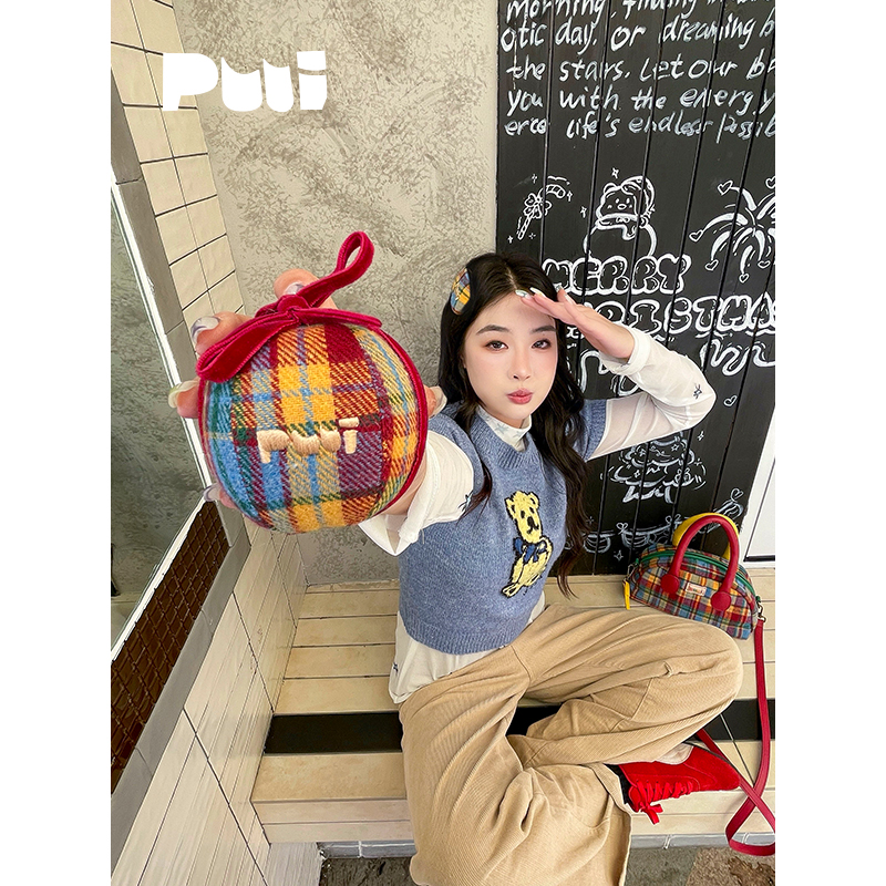 puui原创可爱苹果挂件格纹刺绣包包挂件钥匙扣创意小众书包挂饰