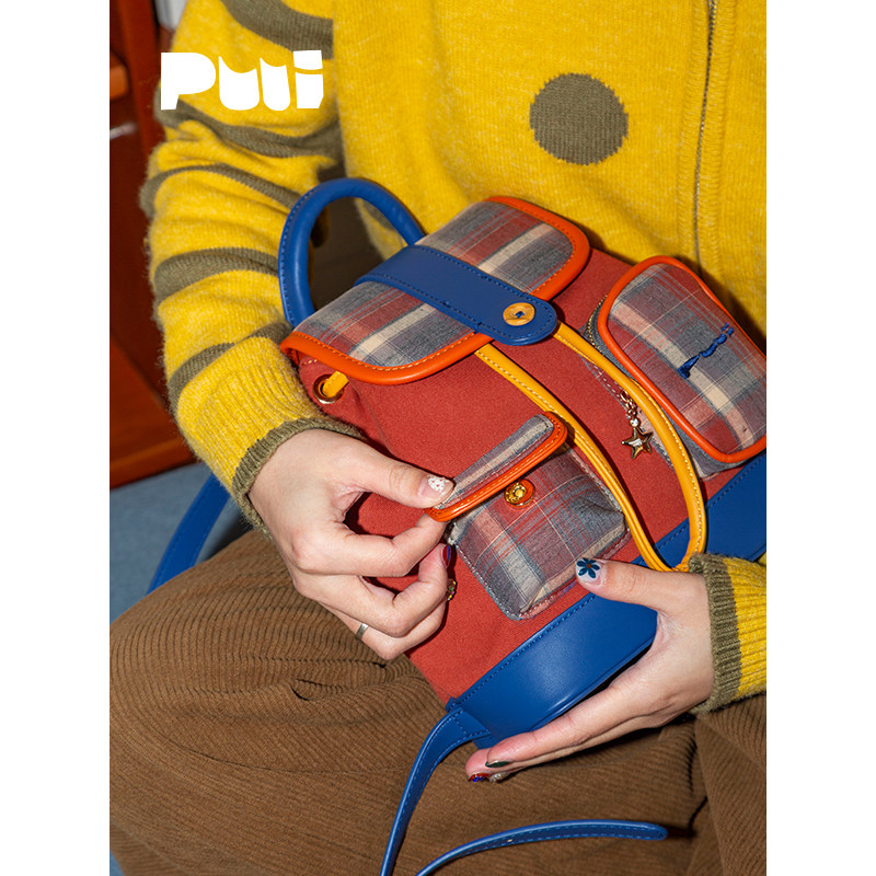 puui原创生活双肩包美式复古格纹抽绳束口包高级感ins翻盖小背