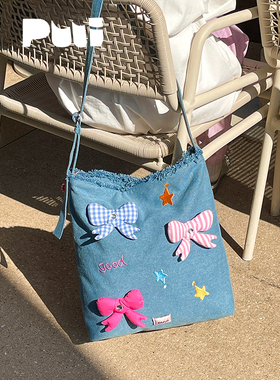 puui原创生活春夏大容量牛仔托特包可爱蝴蝶结单肩包可斜挎ins风