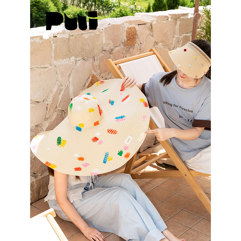 puui原创生活巨大遮阳帽超大帽檐防晒草帽海滩拍照神器夏日彩色帽