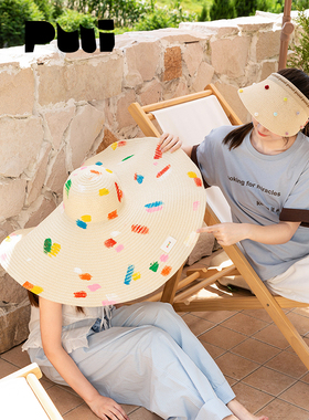 puui原创生活巨大遮阳帽超大帽檐防晒草帽海滩拍照神器夏日彩色帽