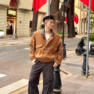 STYLAZE「美拉德 麂皮绒」巴恩风棕色夹克男宽松密歇根短款外套
