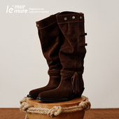 Murmure 松弛美学 冬季 新款 堆叠马靴牛反绒长筒靴流苏西部靴