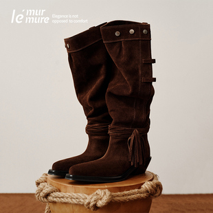 新款 冬季 松弛美学 堆叠马靴牛反绒长筒靴流苏西部靴 Murmure