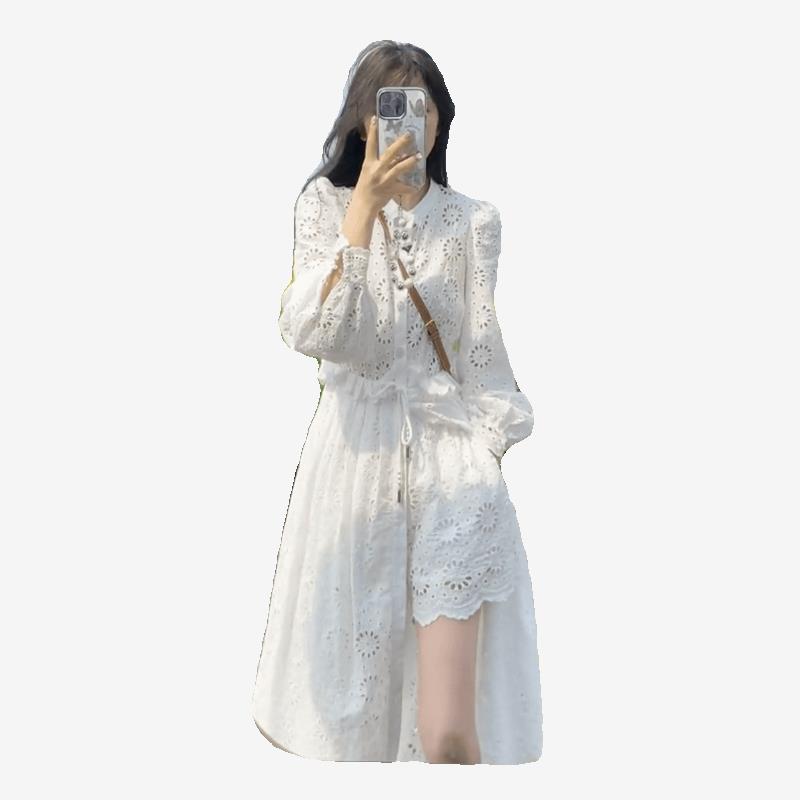 2025春季新款女设计感小众镂空白色蕾丝裙法式重工长袖连衣裙套装