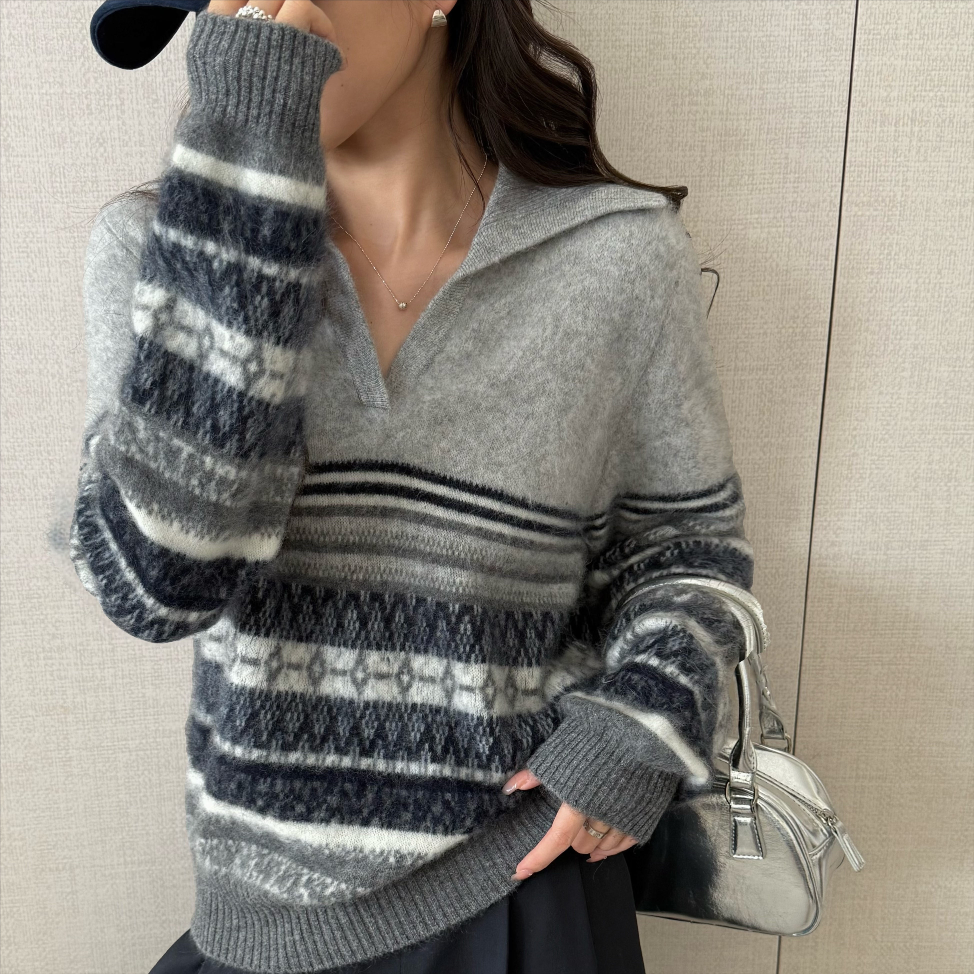 新款羊毛拉绒费尔岛复古提花针织V领毛衣