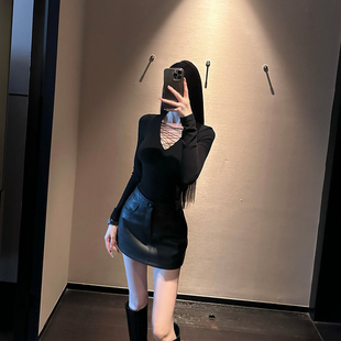 SX善喜黑色磨毛交叉绑带V领长袖T恤女修身弹力气质性感内搭上衣