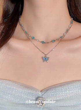 锆石蓝色蝴蝶珍珠项链高级感时尚