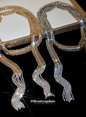 欧美跨境镶钻亮闪闪流苏项链腰链