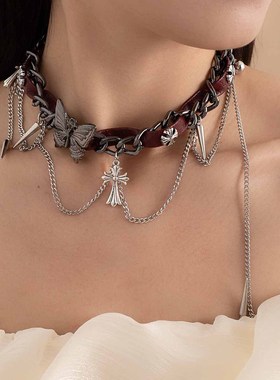 亚文化辣妹项圈甜酷金属蝴蝶皮革