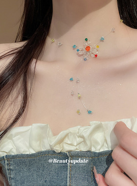 花朵玻璃水晶吊坠项链新款多巴胺