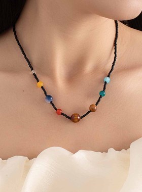 夏季彩色清新串珠项链女复古多巴