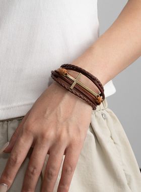 复古民族风皮质编织多层手链时尚
