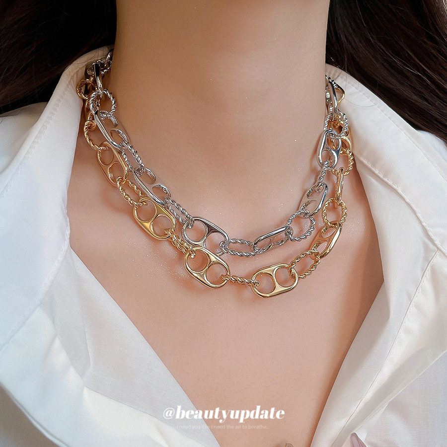 欧美跨境金属链条拼接项链个性潮流百搭锁骨链设计感小众毛衣链女