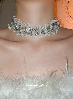 镶钻蕾丝花边珍珠颈链精致优雅设