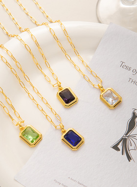 新款气质方钻镶嵌吊坠项链复古高