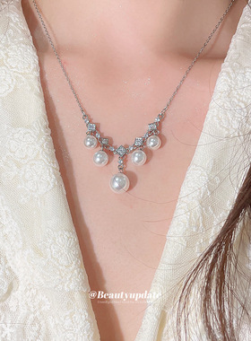 欧美冷淡风锆石方形珍珠项链休闲