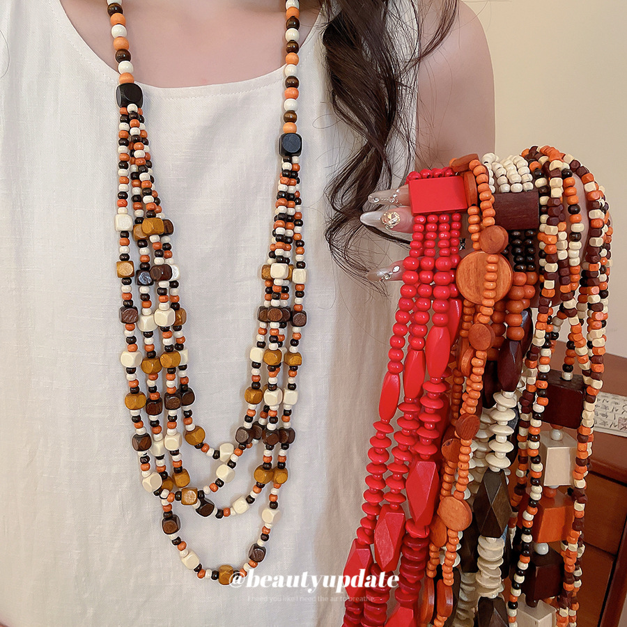 复古木珠椰壳串珠切面对称吊坠项