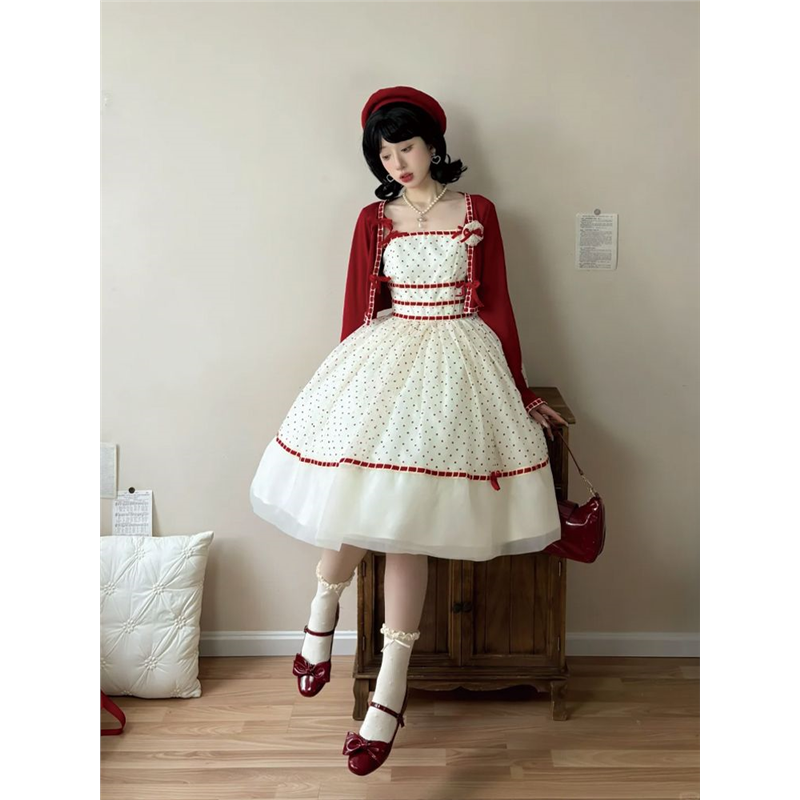 复古甜心 酒红色开衫+吊带波点蓬蓬洛丽塔连衣裙2025新款Lolita裙