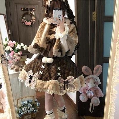 日系甜美可爱洛丽塔秋冬内搭毛呢斗篷外套连衣裙套装