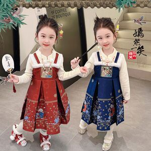 女童加绒秋款国朝马面裙宝宝表演服装儿童唐装汉服新年装公主裙
