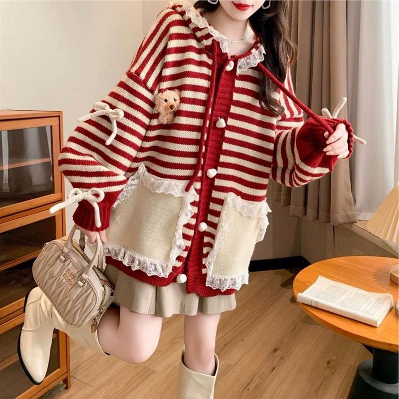 大码胖mm慵懒风连帽条纹可爱毛衣开衫女秋冬新款宽松减龄针织外套