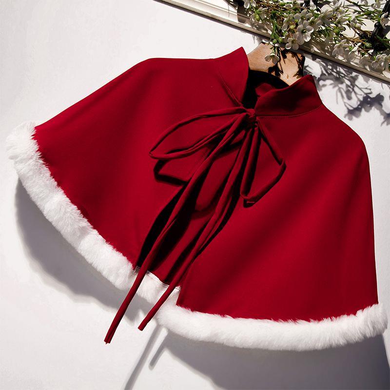 新款套头蕾丝披肩拜年喜庆斗篷百搭时尚短款小外套加绒小香风坎肩