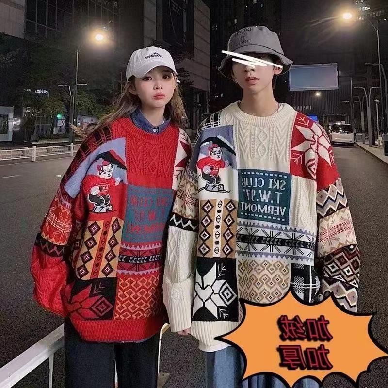 冬季ins港风毛衣男女情侣装宽松加绒加厚圆领高领针织衫百搭外套