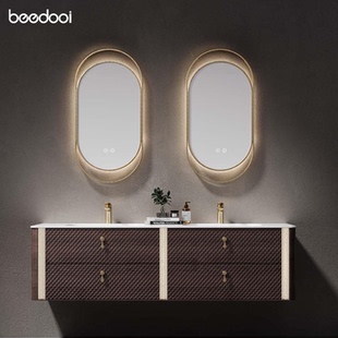 beedooi意式 实木免漆天然大理石 轻奢岩板一体盆浴室柜组合壁挂式