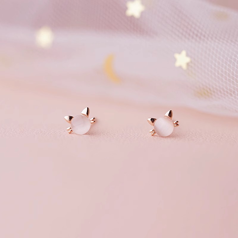 猫眼石小猫耳钉女小巧可爱猫咪