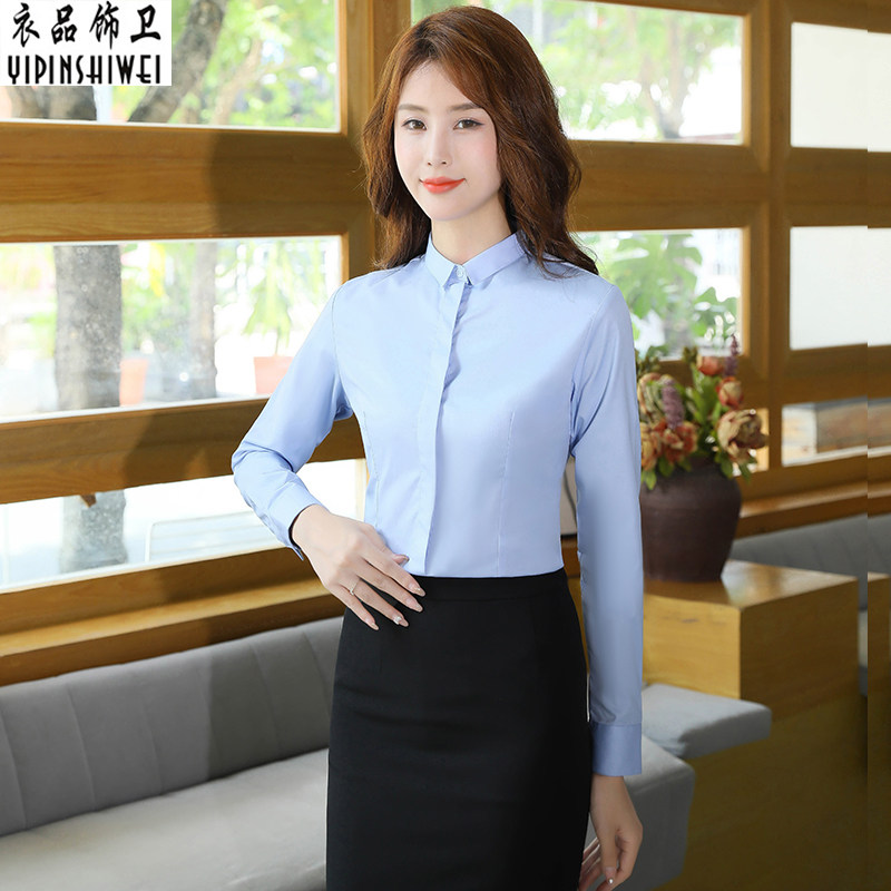职场浅蓝色衬衫女春季新款长袖职业女士工作正装白衬衣衬衫女春秋