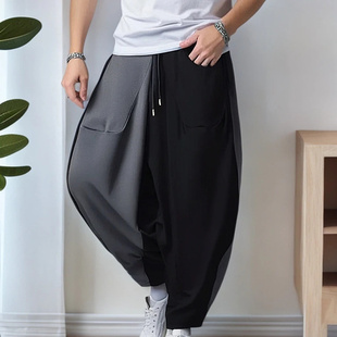 大码300斤暗黑潮牌夏季拼接撞色哈伦九分裤男宽松小脚休闲飞鼠裤2