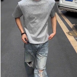 大码300斤cleanfit双开门短袖男女生夏季美式重磅t恤硬挺半袖衣服